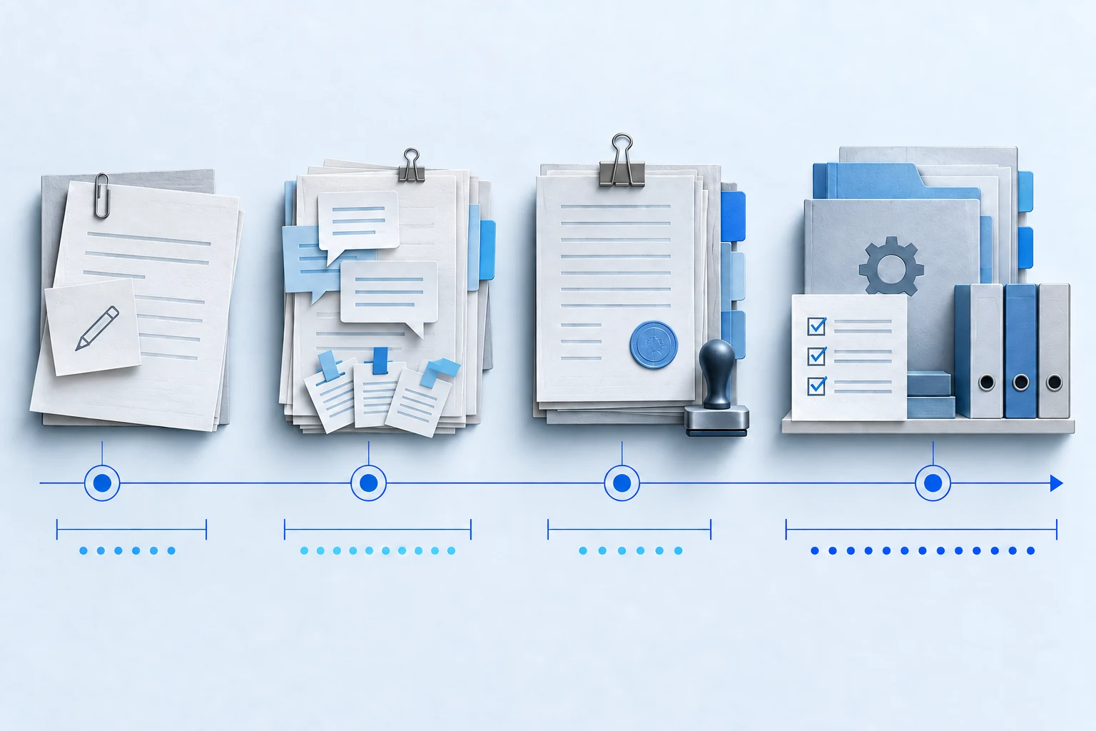 Four connected groups of regulatory documents move from an early draft through public comments and final publication to an operational implementation checklist.